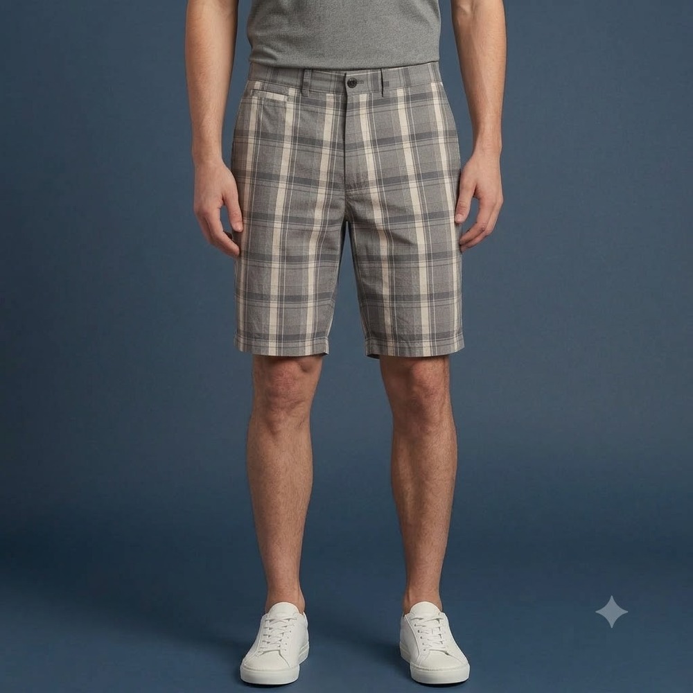 Banana Republic‎ Plaid Shorts Mens 33 Gray White Flat Front Casual